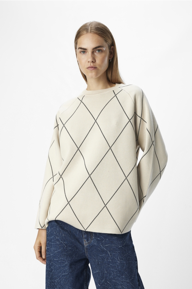 OBJESTER LS KNIT TOP AOP NOOS 23045814 SANDSHELL/BLACK BIG